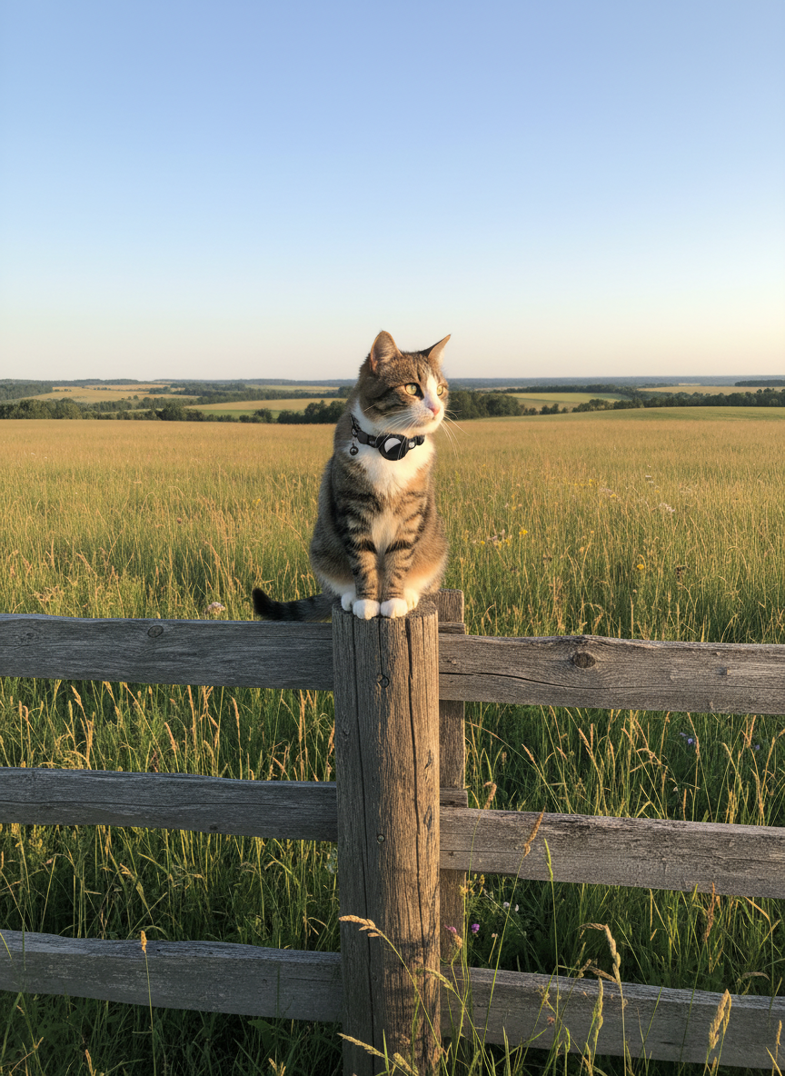 Cat in a GPS collar sitting on a rustic fence in an open rural meadow