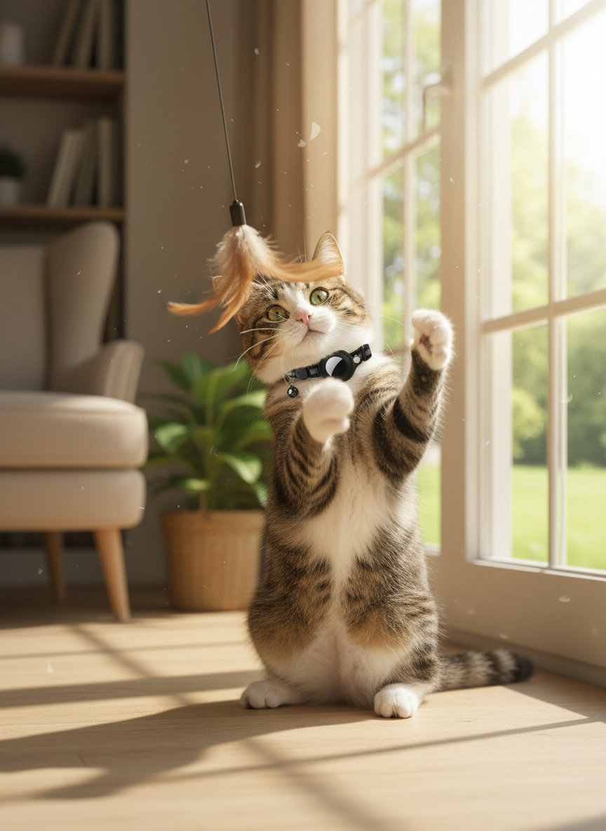 Playful kitten in a GPS collar near a sunny window at home