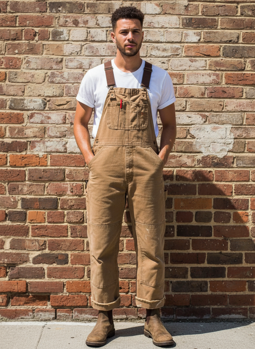Jonge man in camel canvas bib overall tegen een stedelijke bakstenen muur