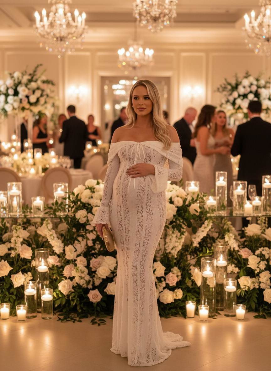 Elegant pregnant woman in white lace gown as a guest at a formal wedding