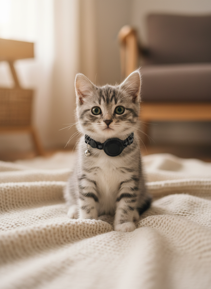 Kitten wearing a black GPS safety collar sitting on a cream blanket indoors