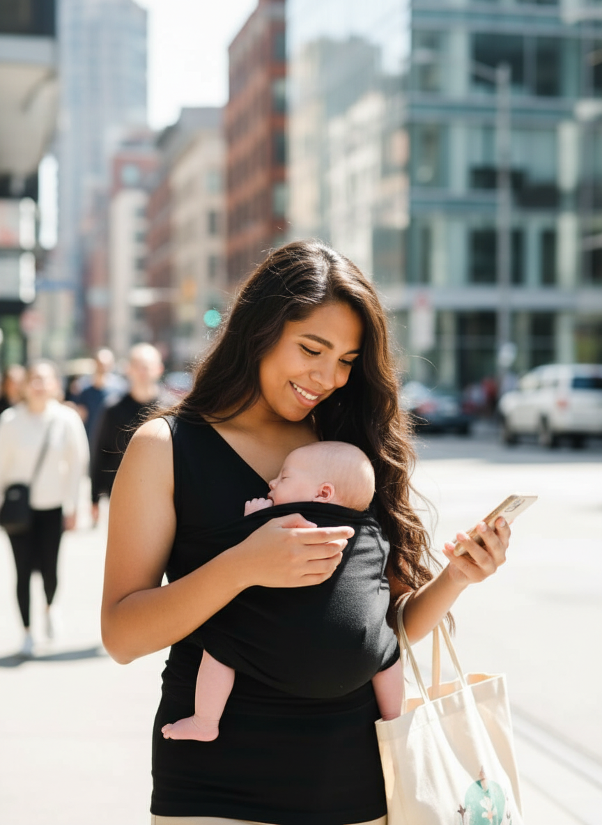 Ouder draagt een baby hands-free tijdens boodschappen op straat