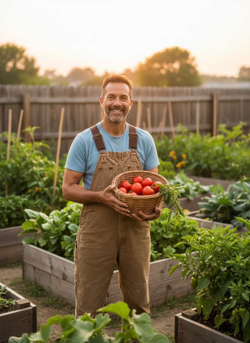 Man in camel canvas dungarees holding a basket of freshly picked vegetables in a garden