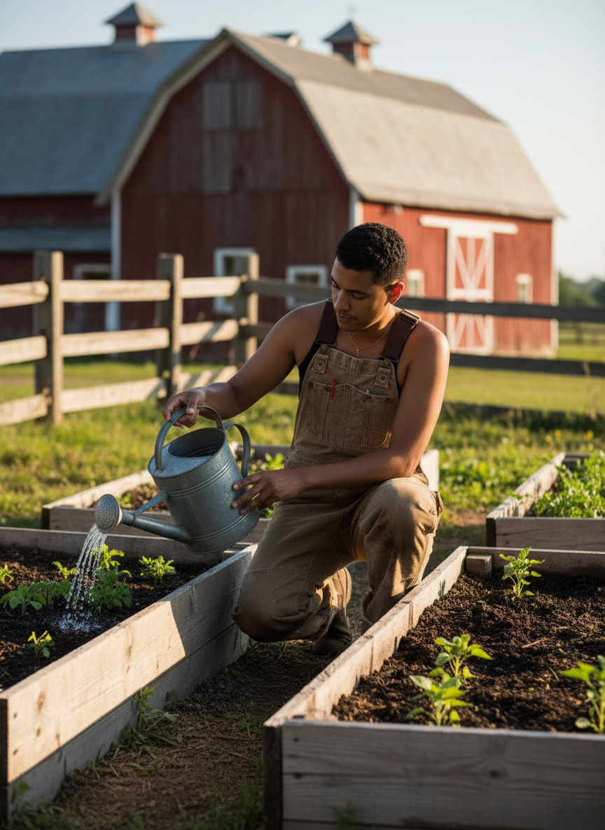 Man in dungarees kneeling by raised planters on a homestead