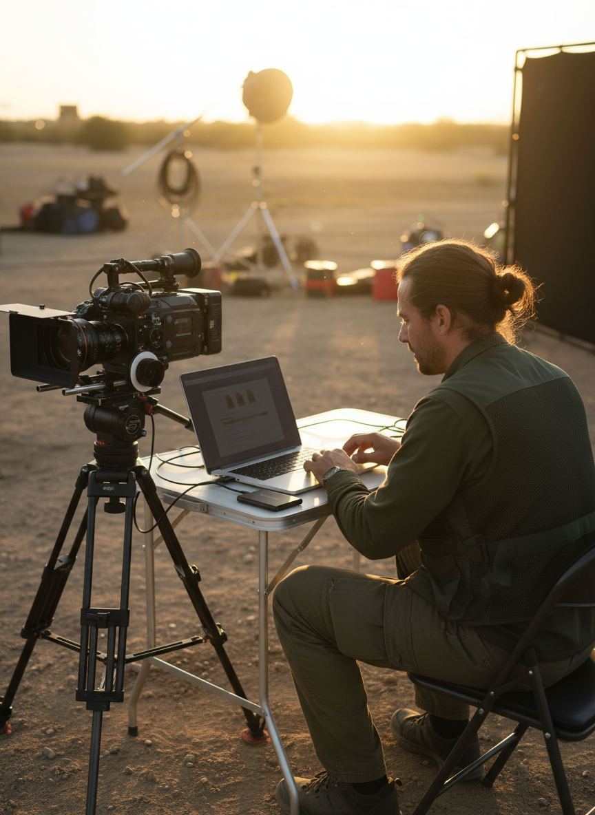 Filmař přenášející 4K záběry na černý přenosný SSD na filmovém natáčení