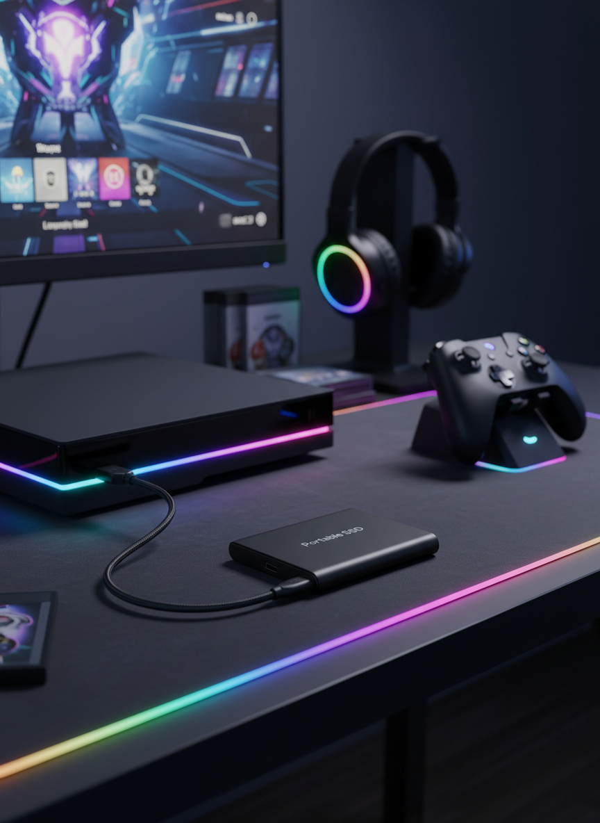 Black portable SSD connected to a games console on an RGB-lit desk
