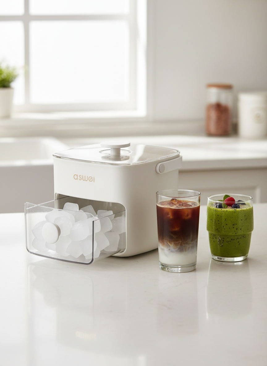 Witte aanrecht ijsblokjesmachine naast een glas ijskoffie en een smoothie