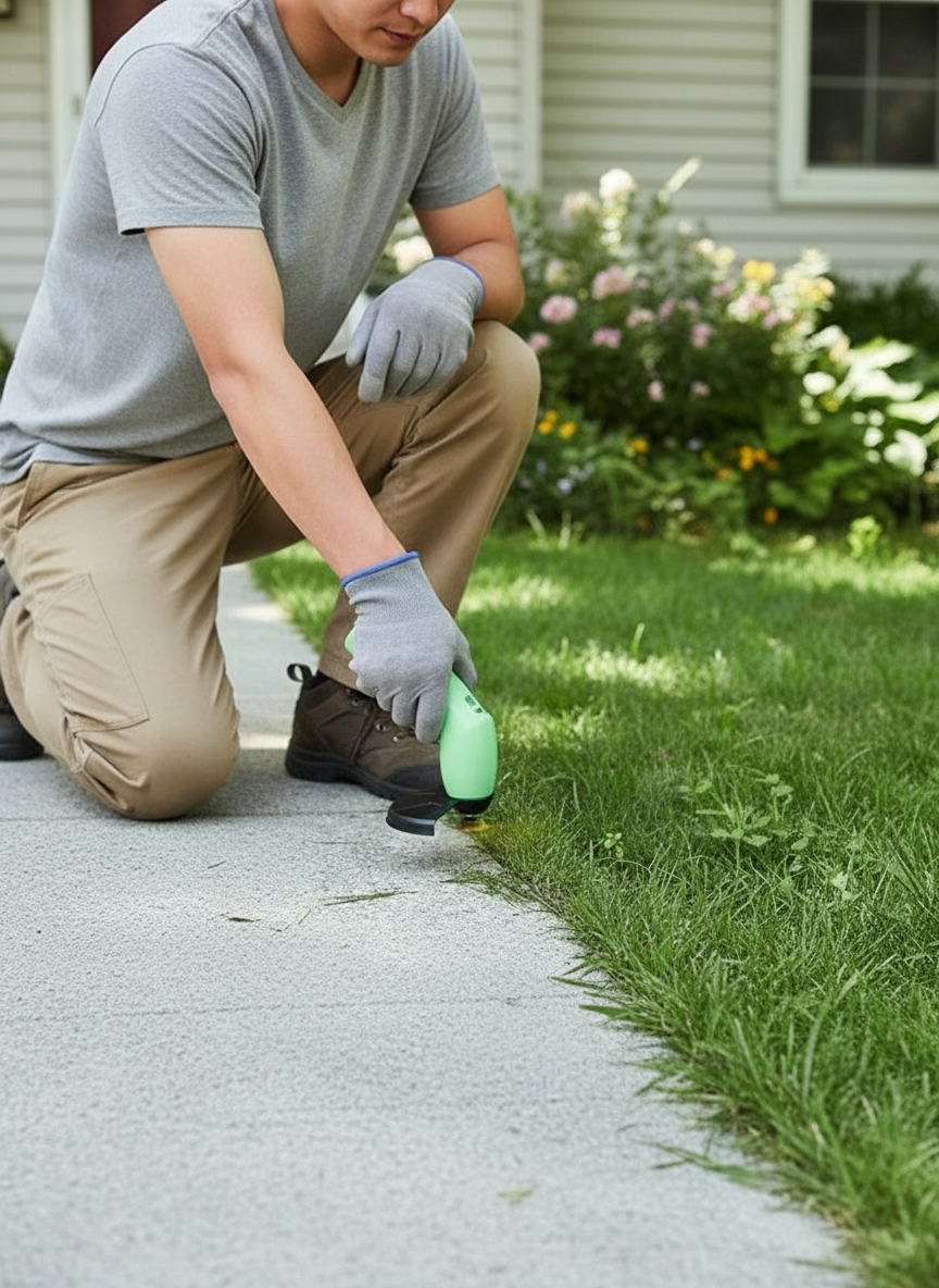 Persoon die onkruid trimt langs de rand van een oprit met een groene snoerloze trimmer