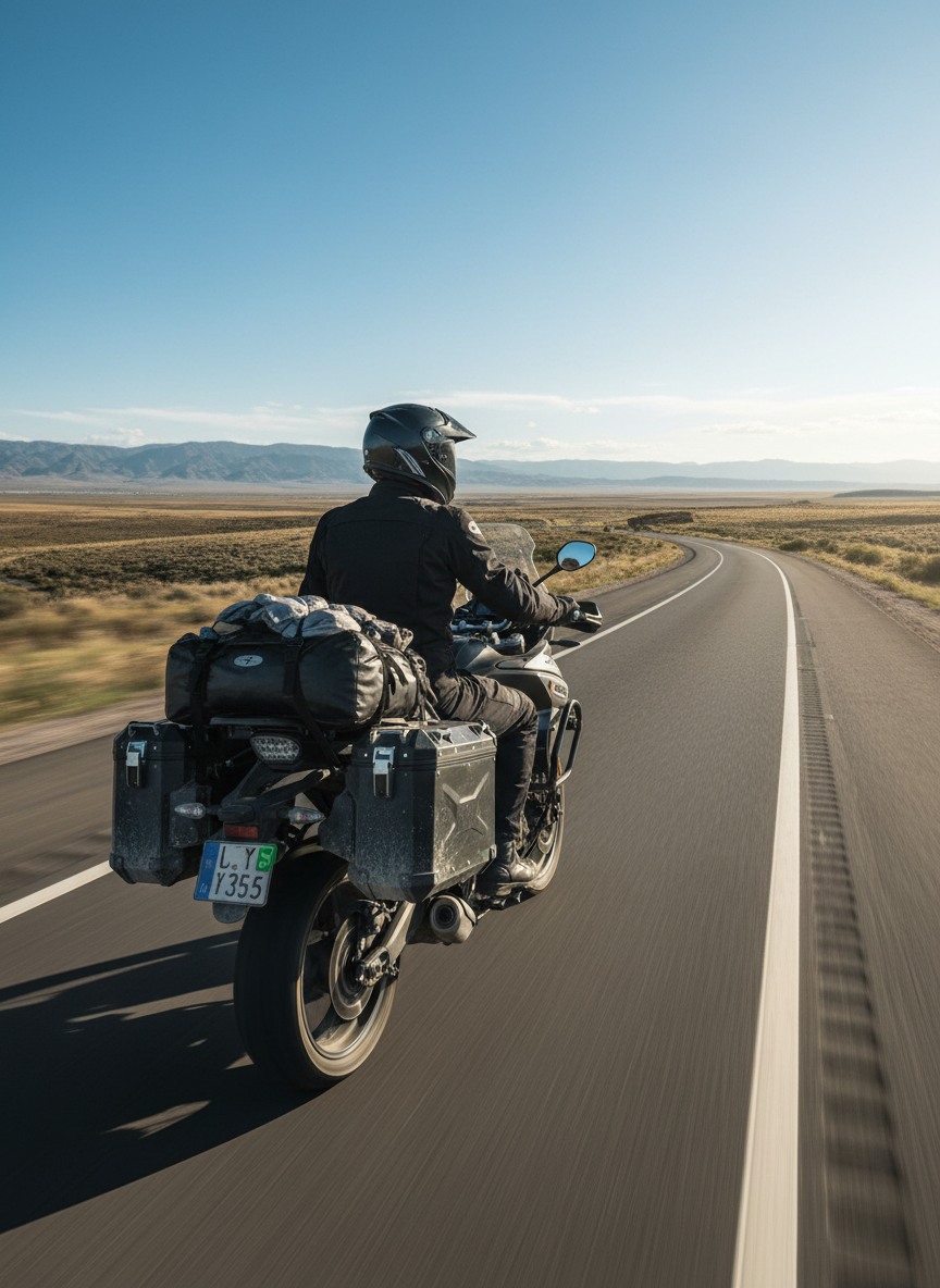 Touring motorcyclist on a scenic highway seated on a black gel seat cushion