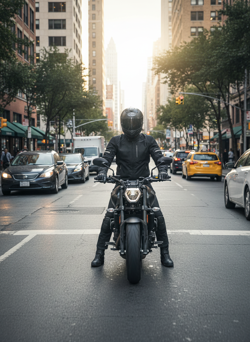 Motorcycle commuter riding a city street on a black gel seat cushion