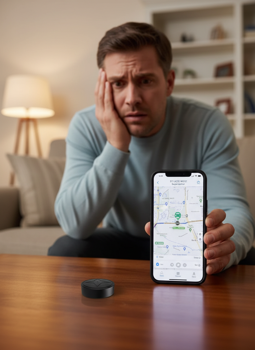 Parent checking a phone map of a car location with a small black GPS tracker on the table