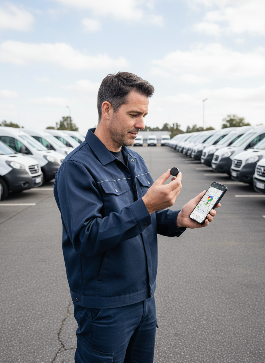 Fleet manager viewing vehicle locations on a phone by company vans with a black GPS tracker