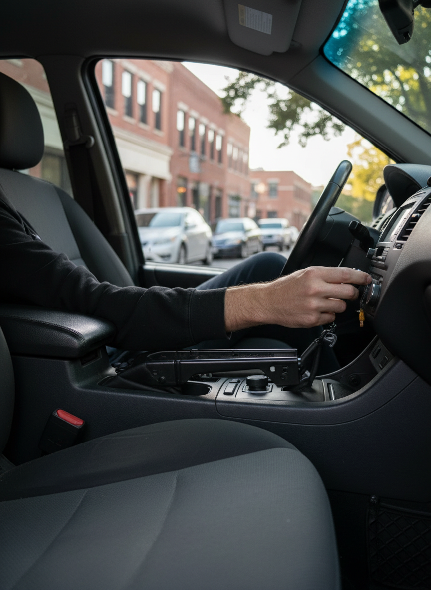 Car owner discreetly placing a small black magnetic GPS tracker inside a parked car