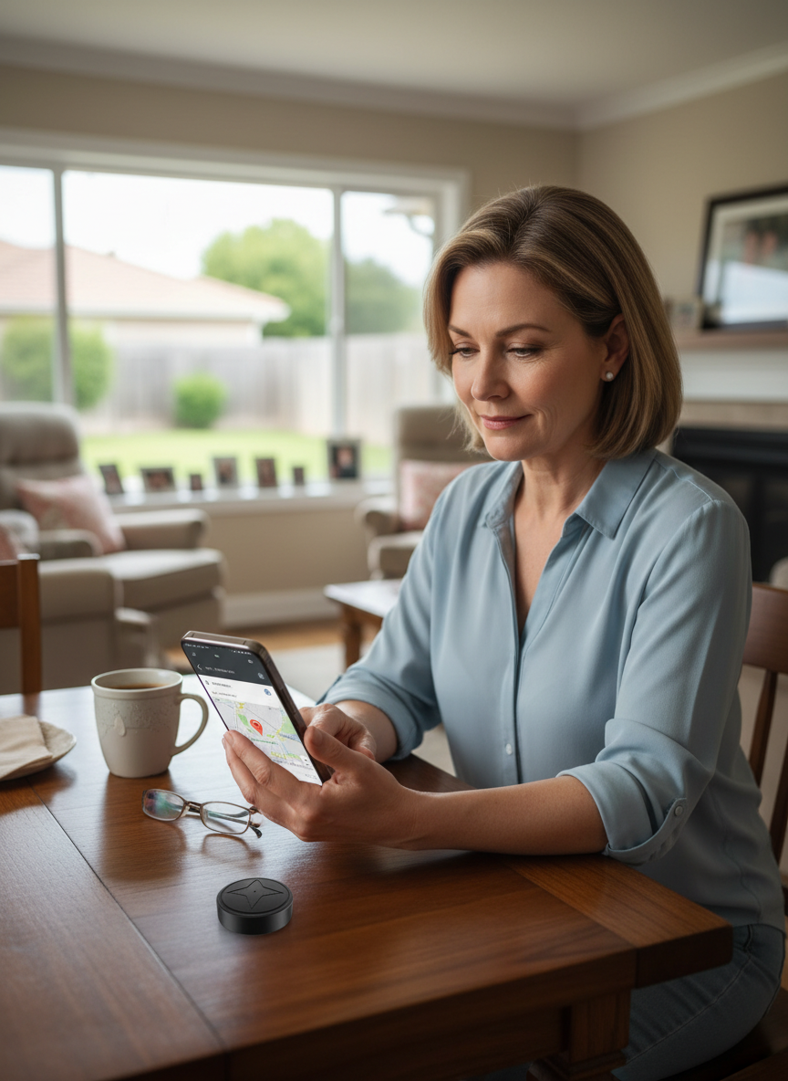 Adult checking a phone location map for an elderly relative with a small black GPS tracker on the table