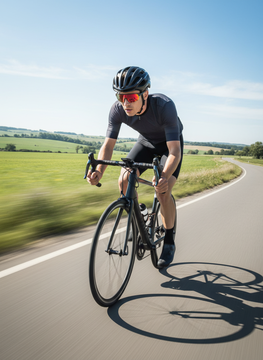 Road cyclist wearing red-lens sport sunglasses riding fast on an open road