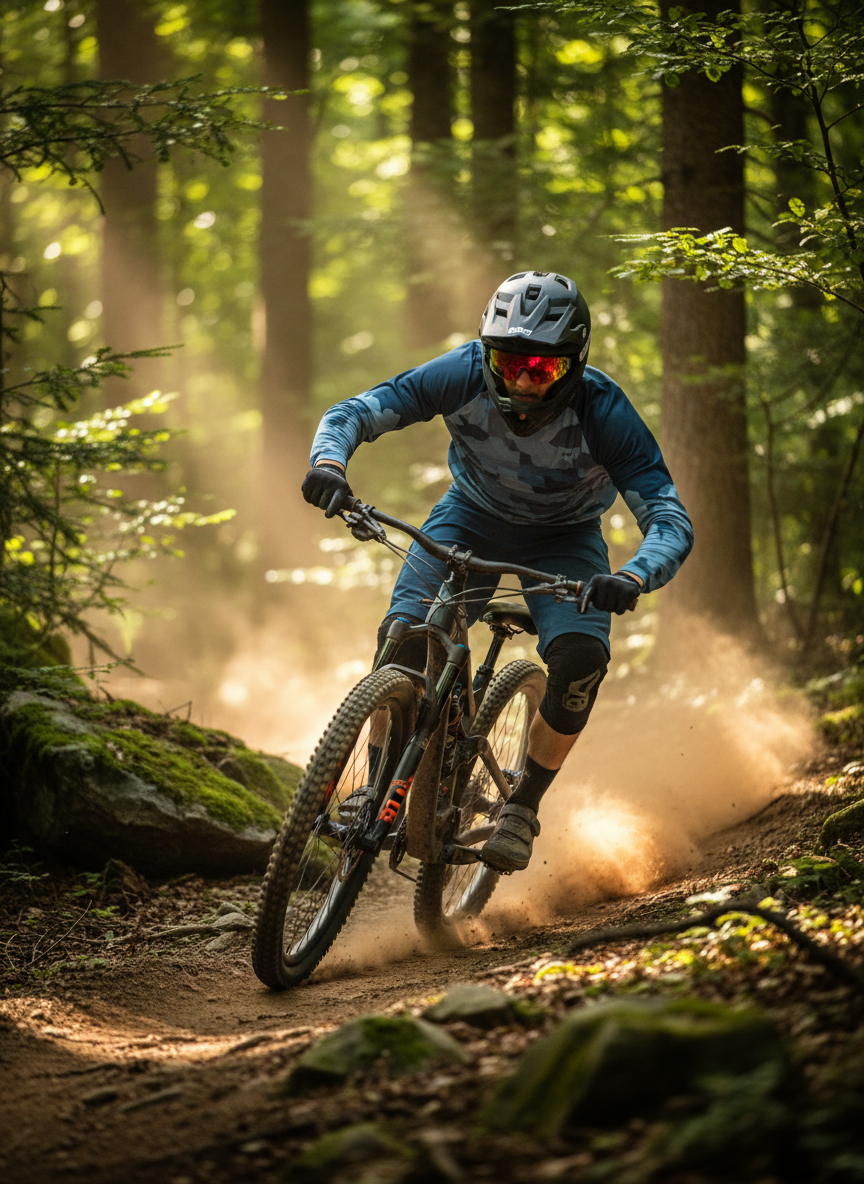 Mountain biker wearing red-lens sport sunglasses riding a forest trail