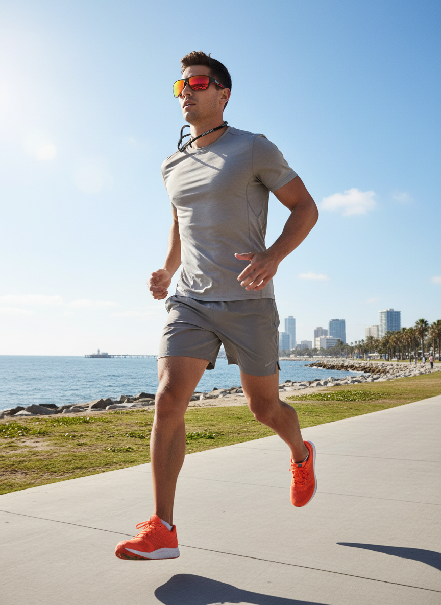 Runner wearing red-lens sport sunglasses sprinting along a sunny waterfront
