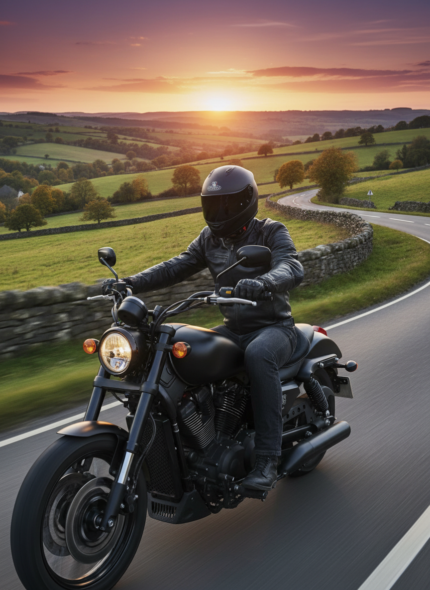 Cruiser rider on a country road seated on a black gel motorcycle seat cushion