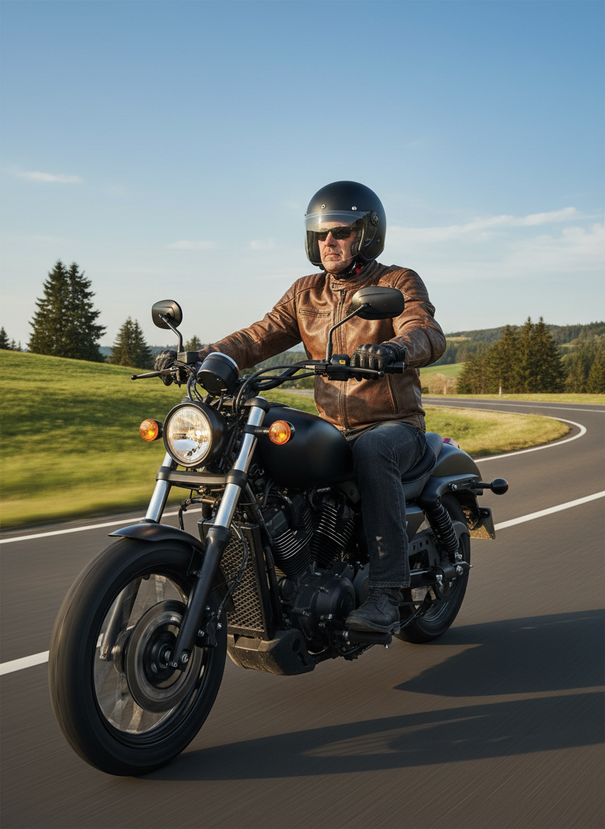Mature rider comfortably seated on a black gel motorcycle seat cushion