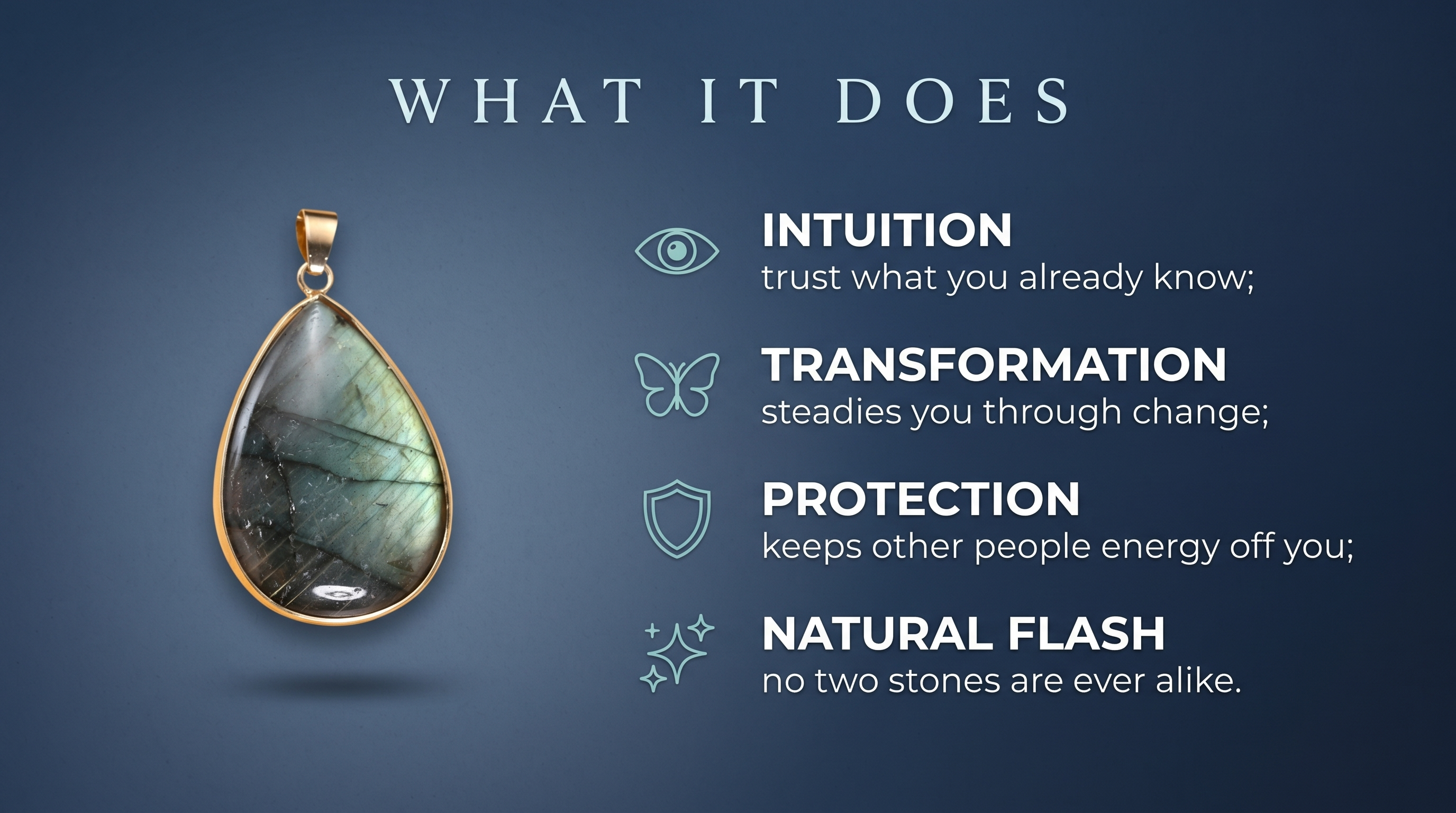 What the Labradorite Intuition Necklace does: intuition, transformation, protection and natural flash