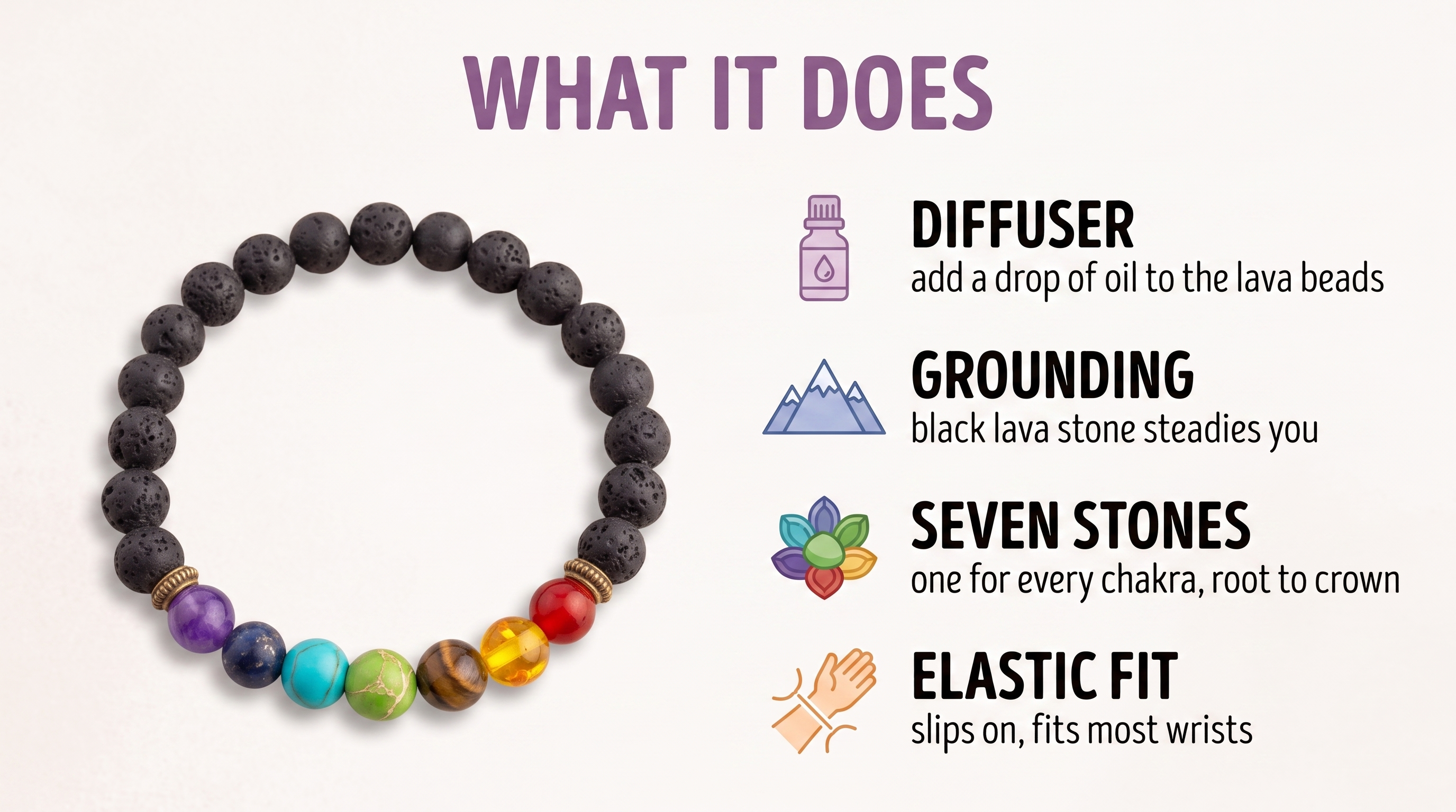 What the 7 Chakra Diffuser Bracelet does: diffuser, grounding, seven stones and elastic fit
