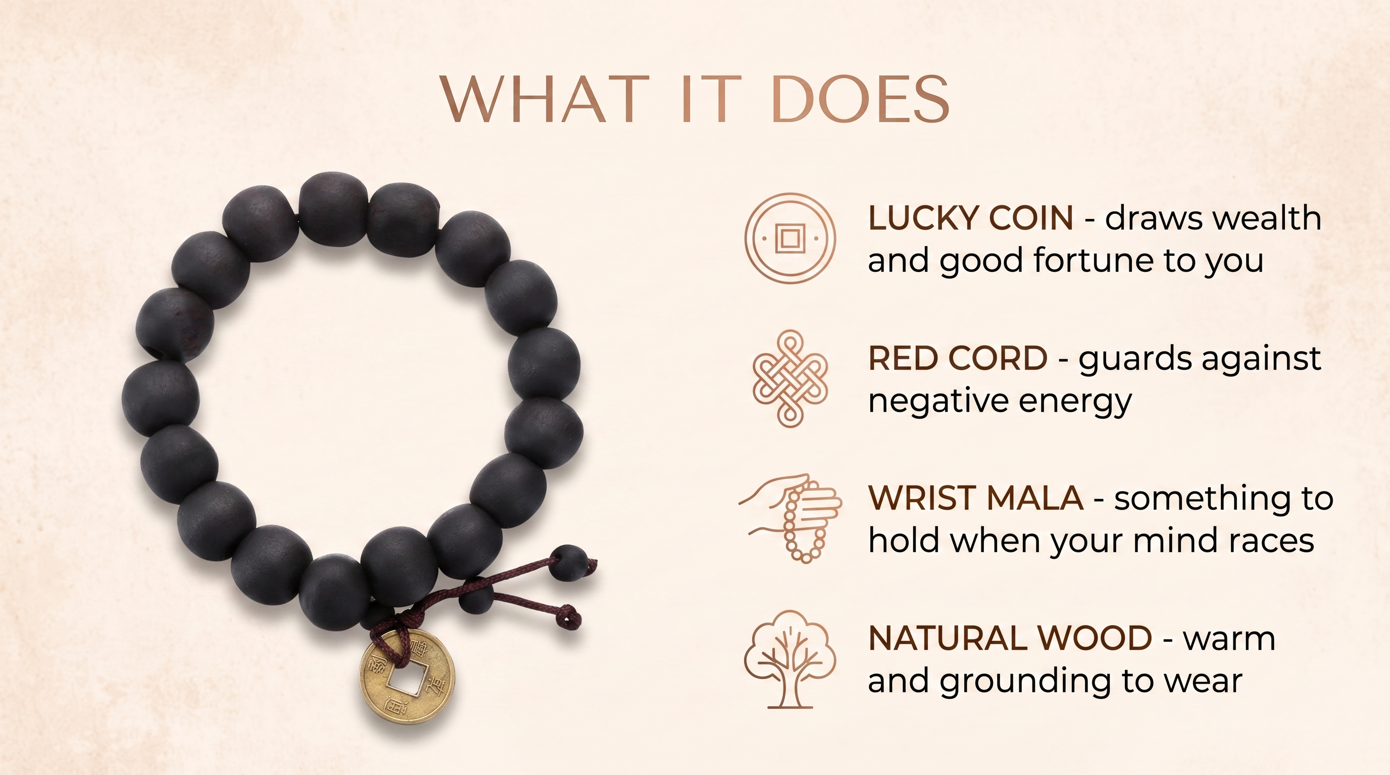What the Buddha Mala Bracelet does: lucky coin, red cord, wrist mala and natural wood