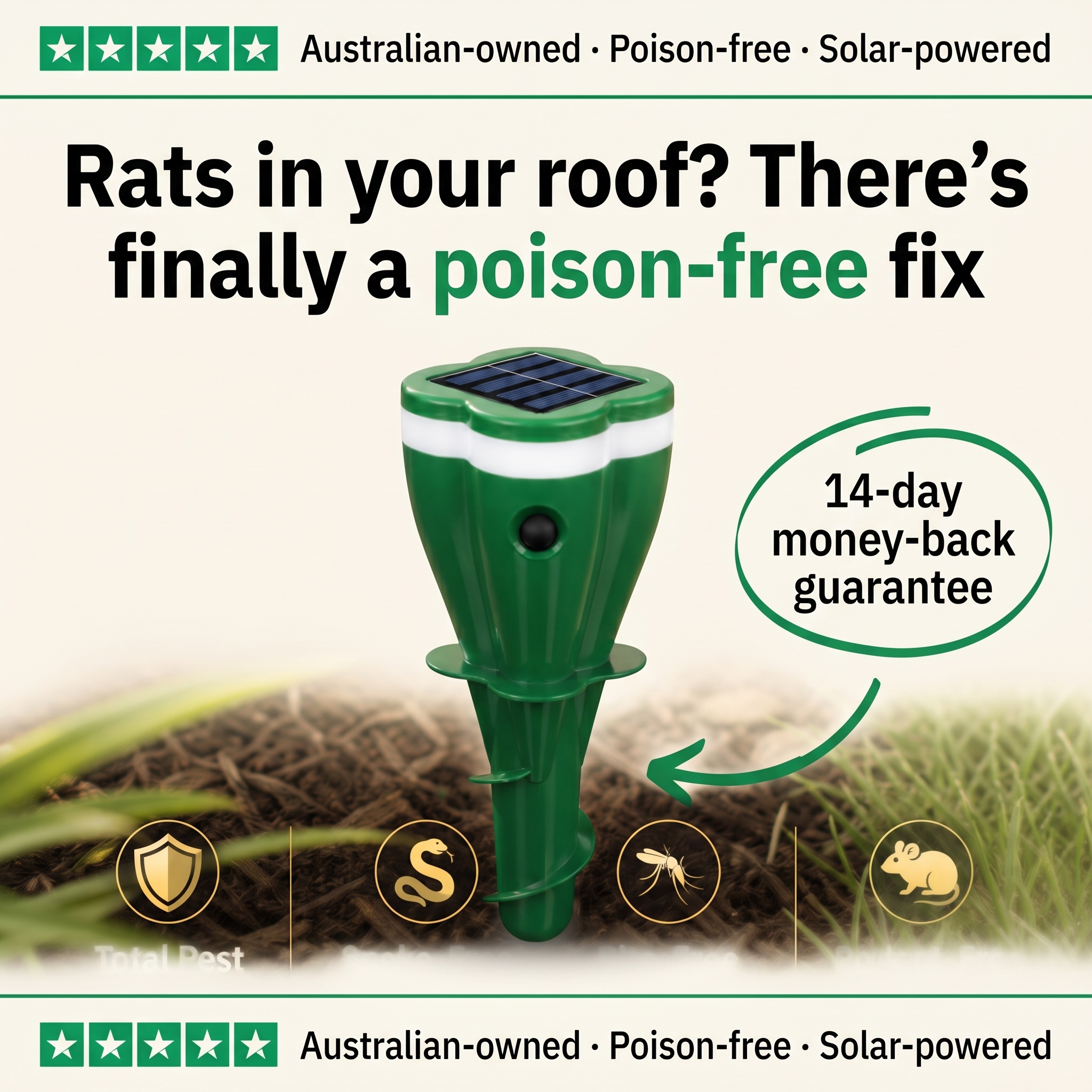 Poison-free solar repeller — Australian-owned, 30-day guarantee