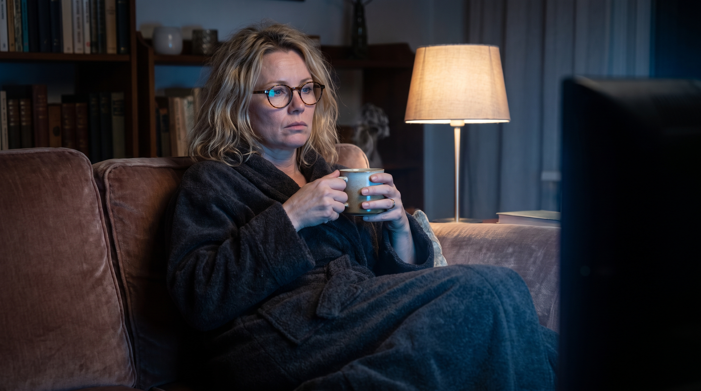 Bekymret kvinde med en kop te ser tv om aftenen