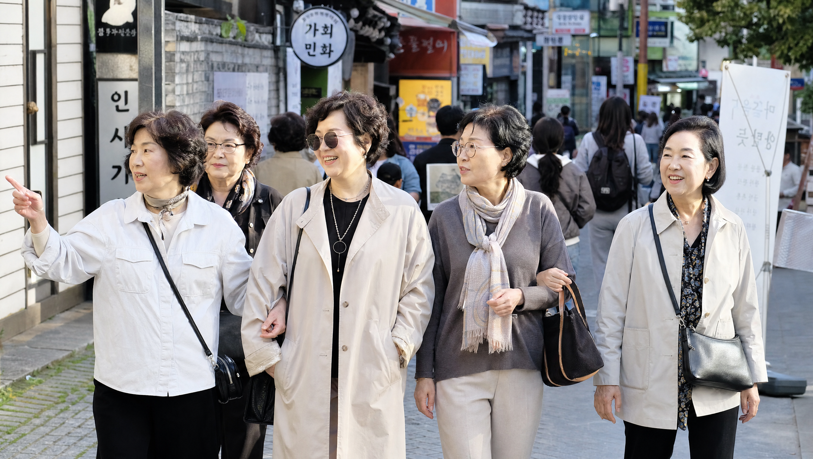 Korean women 55-65, Seoul street scene, radiant skin