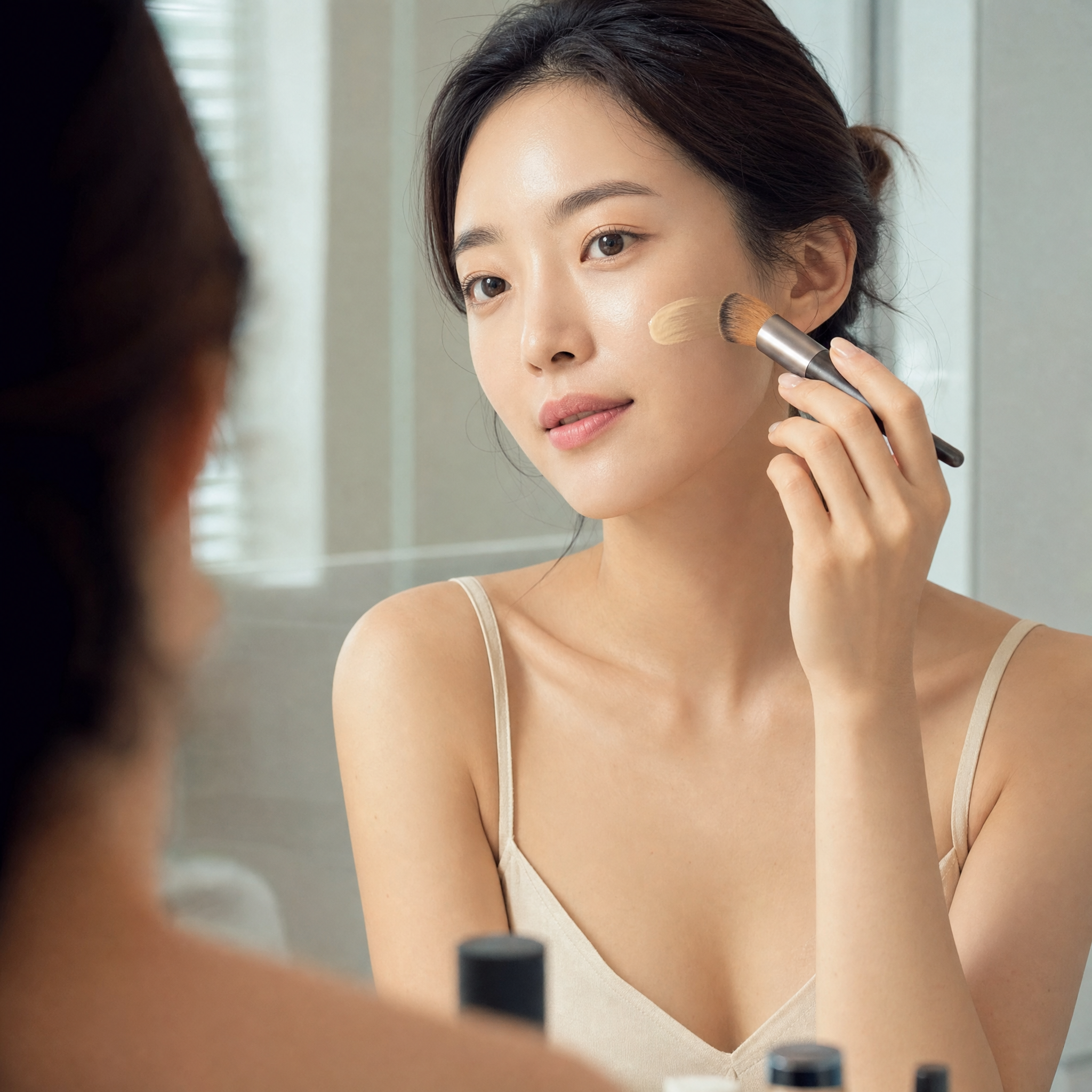 SPF protection: young Korean woman applying foundation ]