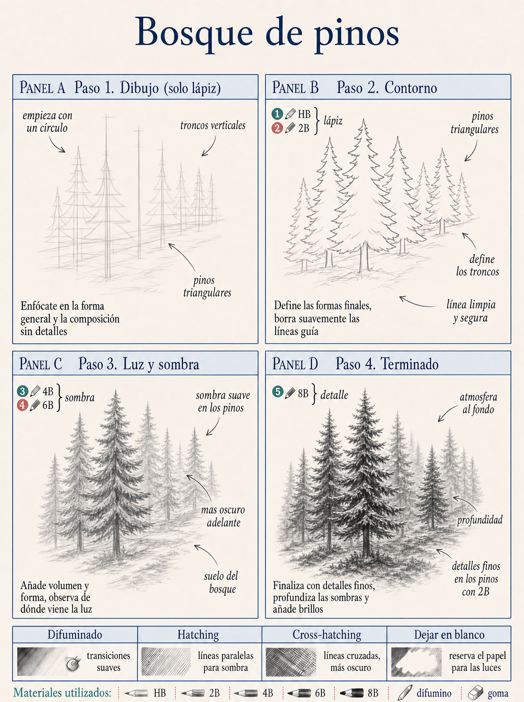 Lámina paso a paso — Bosque de pinos