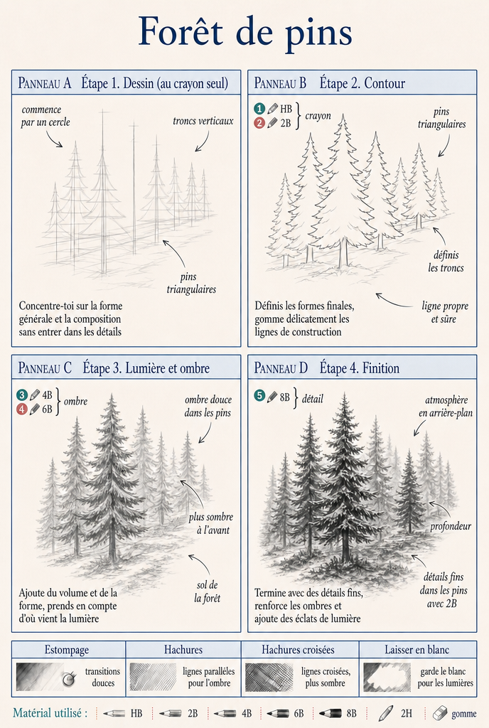 Planche pas à pas — Forêt de pins