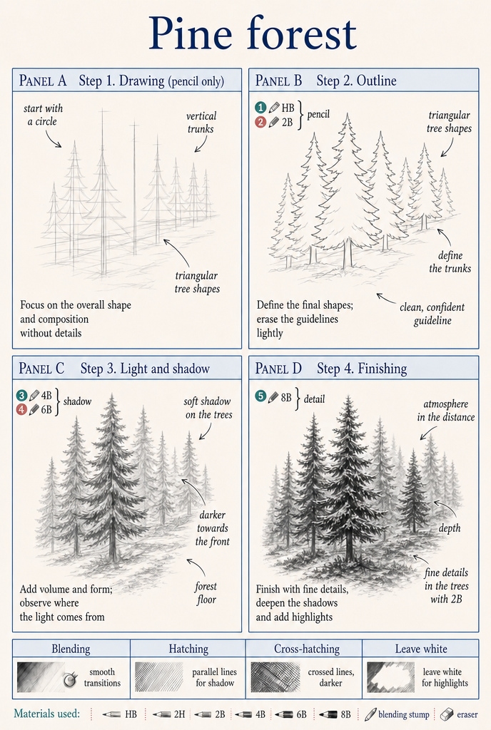 Step-by-step lesson — Pine forest