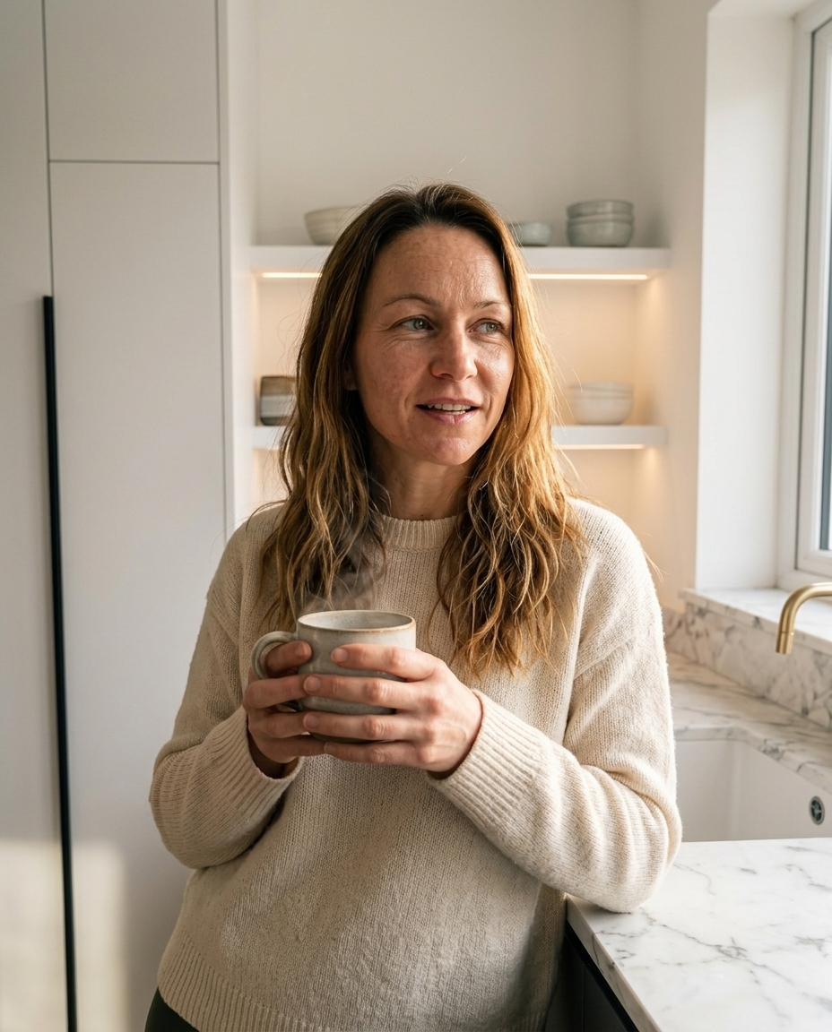 Susan in her kitchen with a cup of tea
