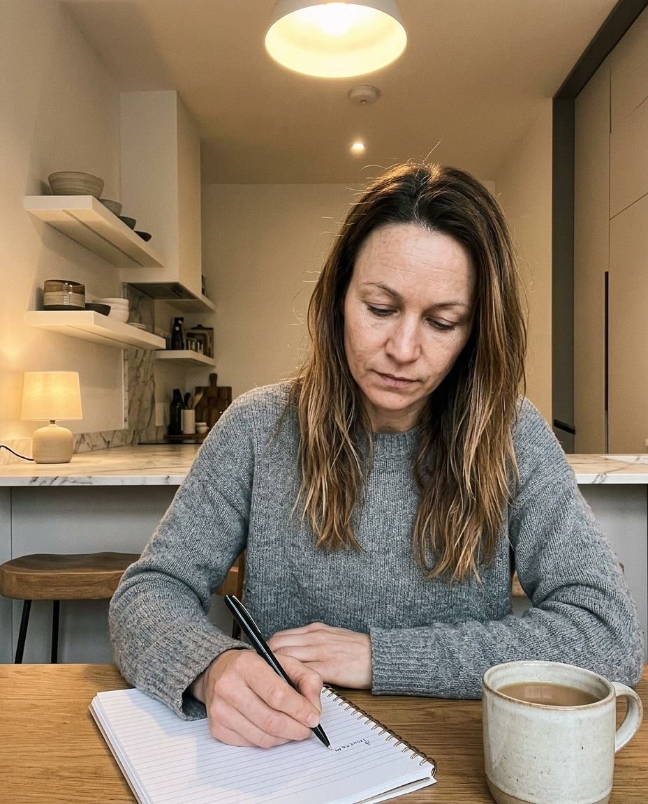 Susan writing at her kitchen table