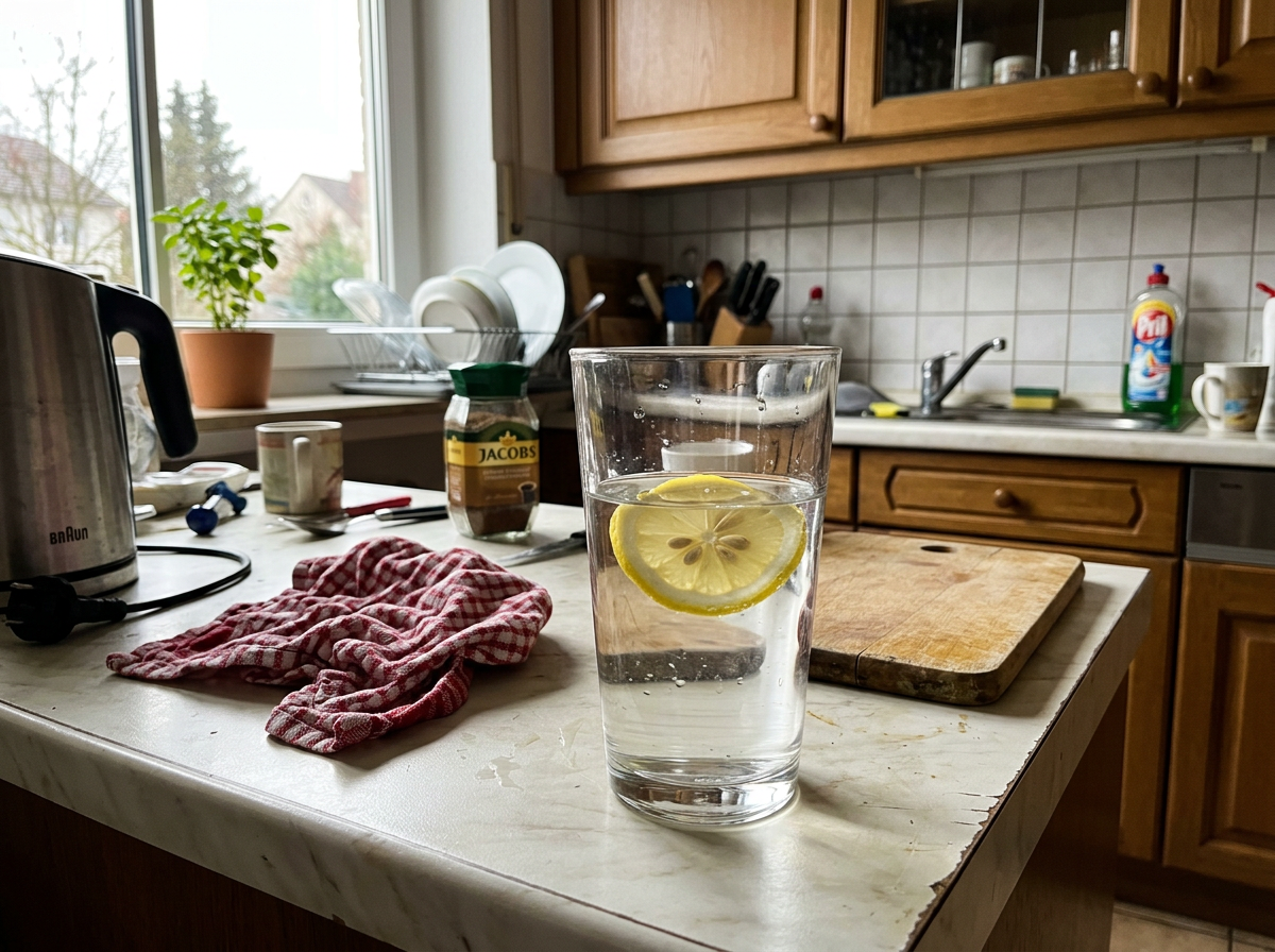 Ein Glas Wasser mit einer Zitronenscheibe auf einer Küchenarbeitsplatte