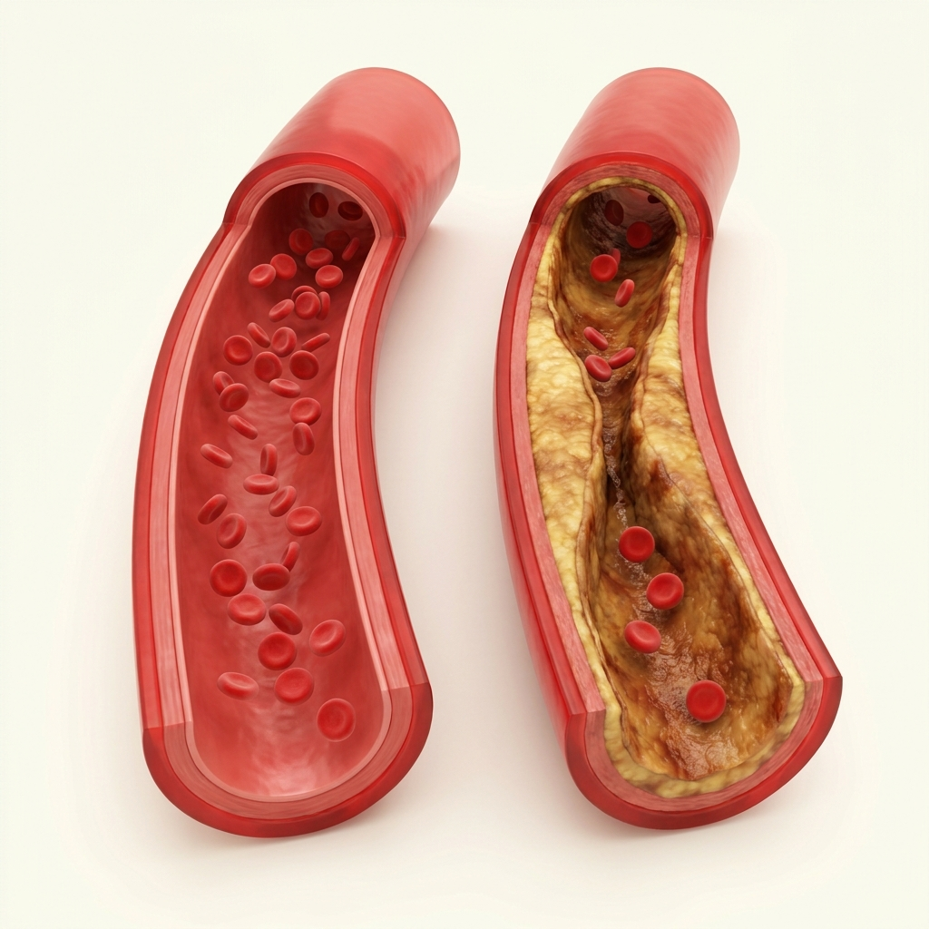 A healthy artery beside one narrowed by plaque buildup