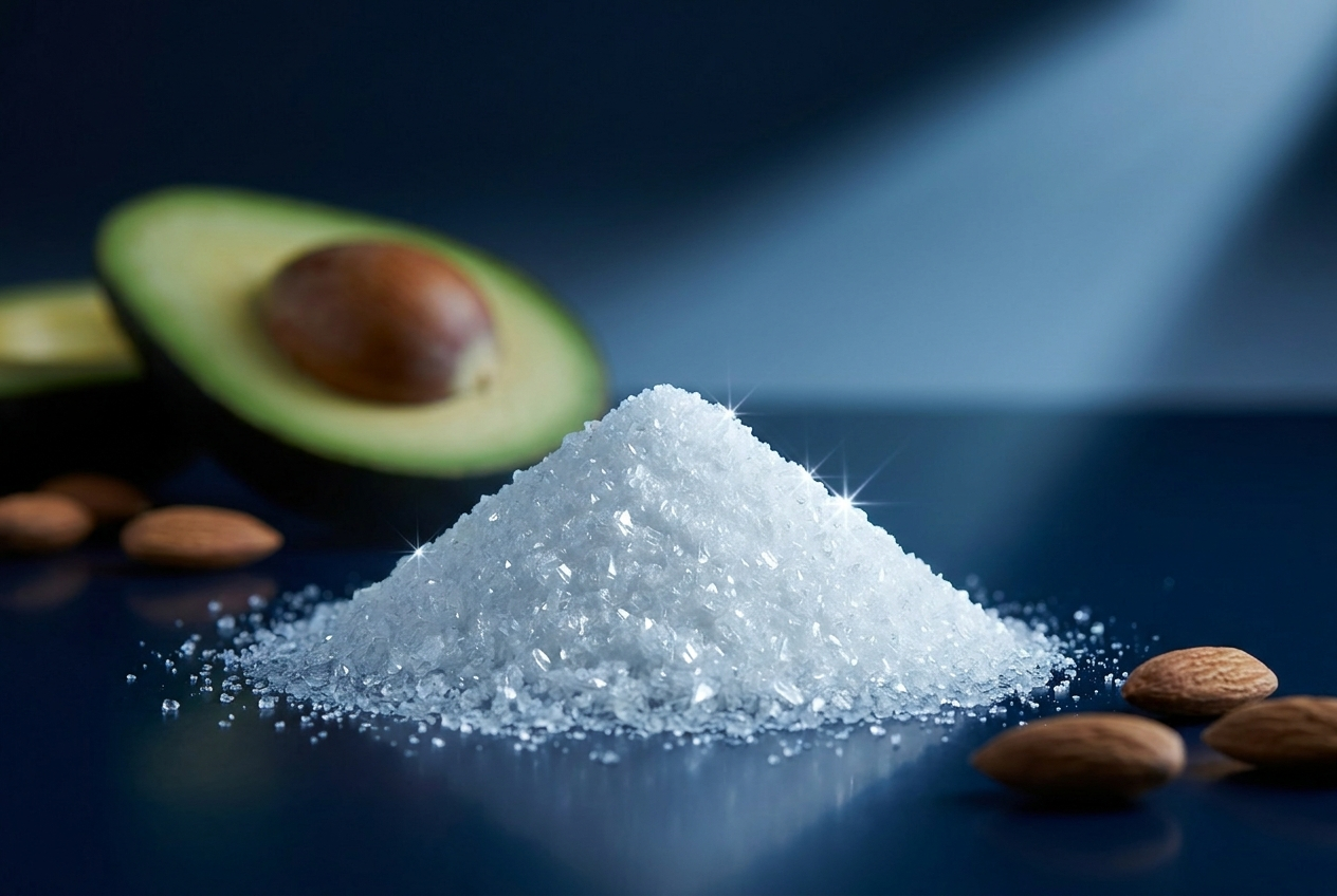 L-Tyrosine, white crystalline amino acid powder with almonds and avocado