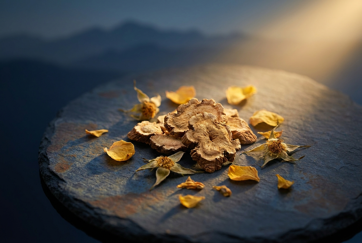 Rhodiola Rosea, dried golden-rose root pieces on dark slate
