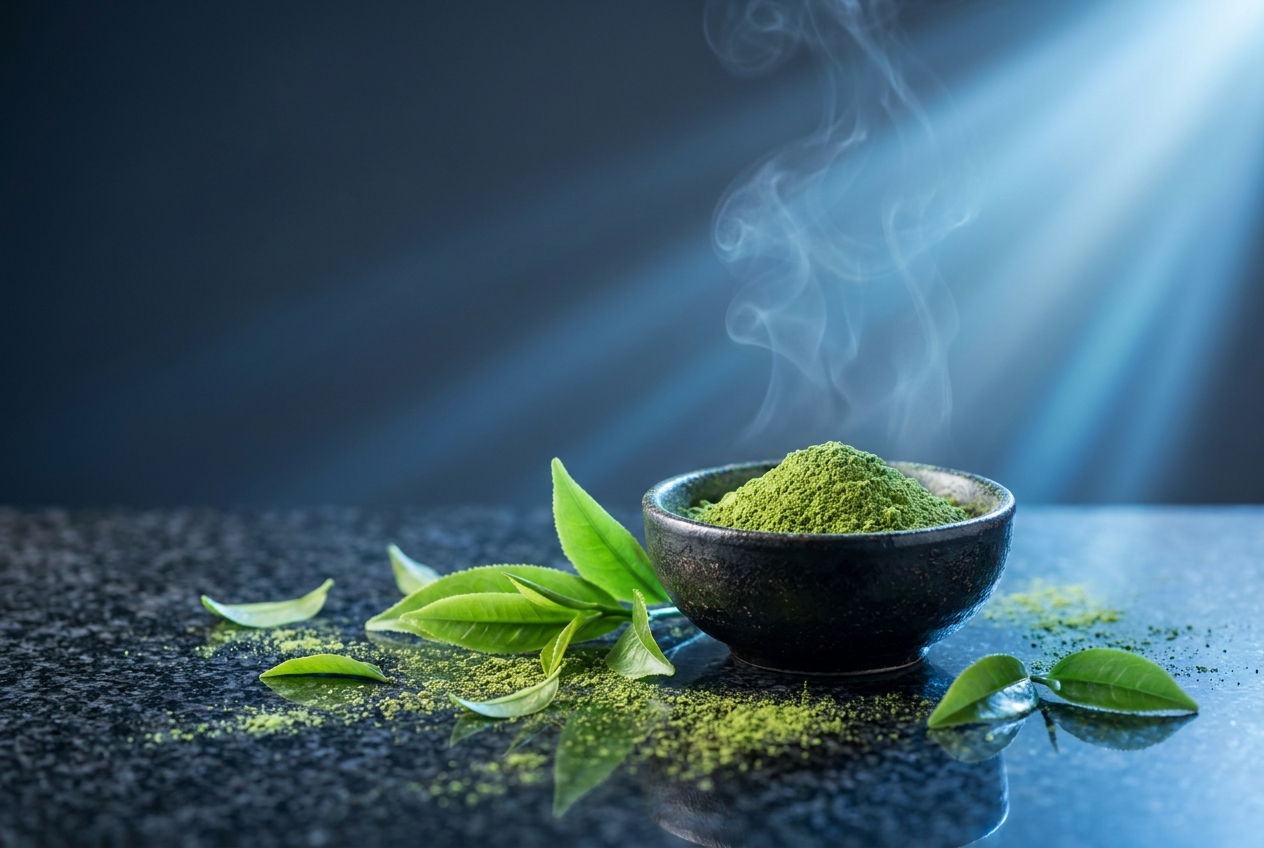 L-Theanine, green tea leaves and matcha powder on dark surface