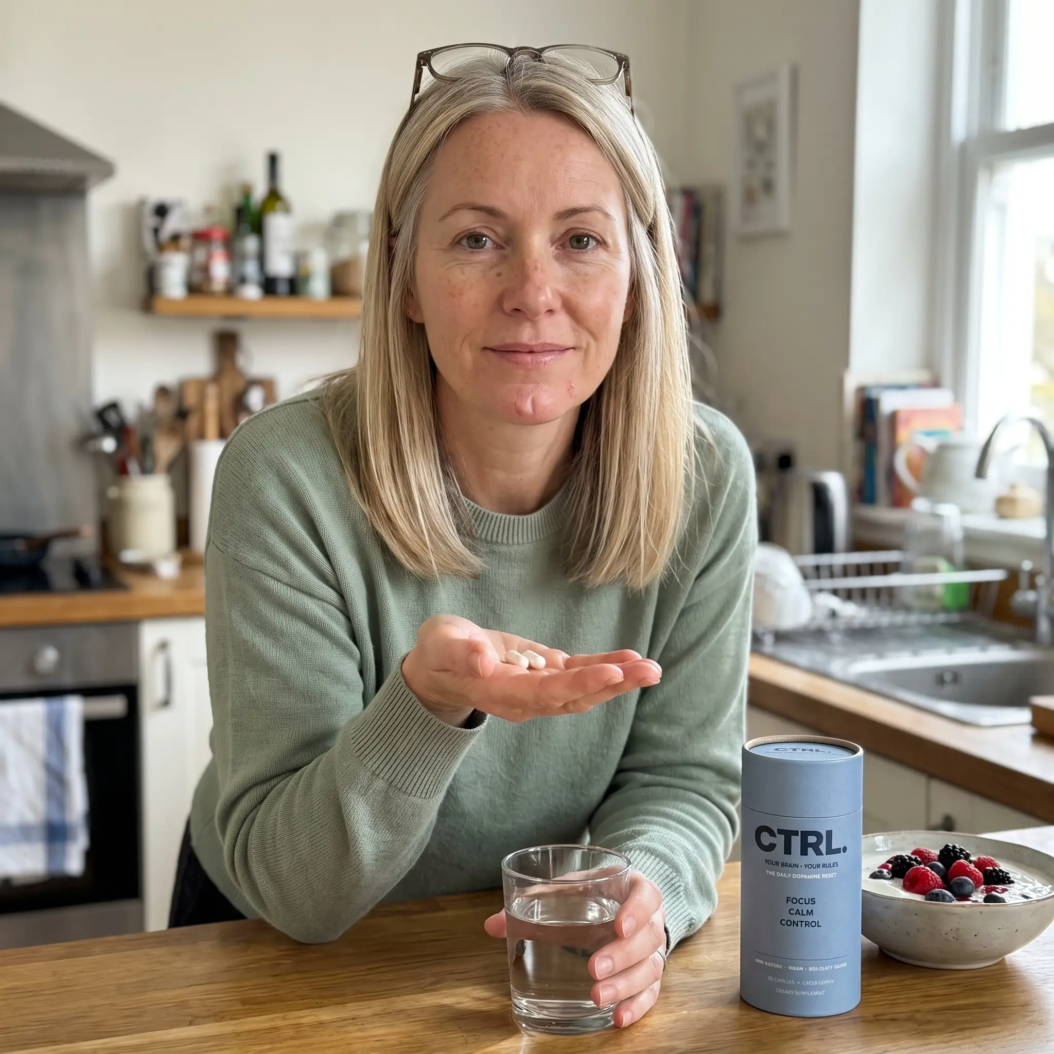 Woman taking two CTRL capsules at breakfast