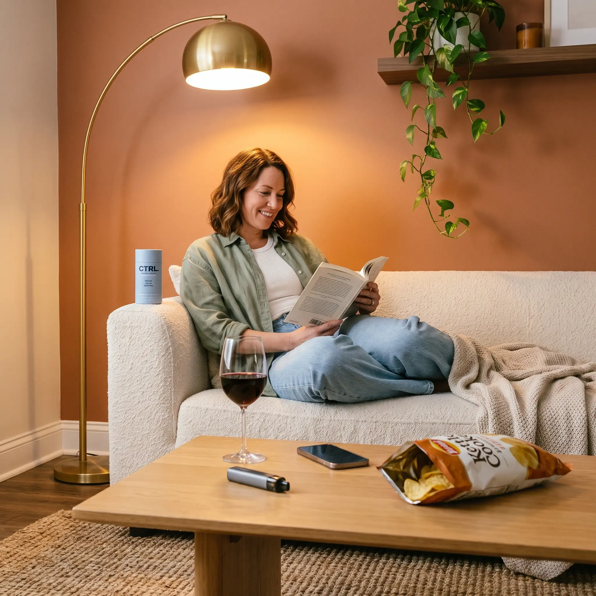 An untouched glass of wine on the coffee table while she reads