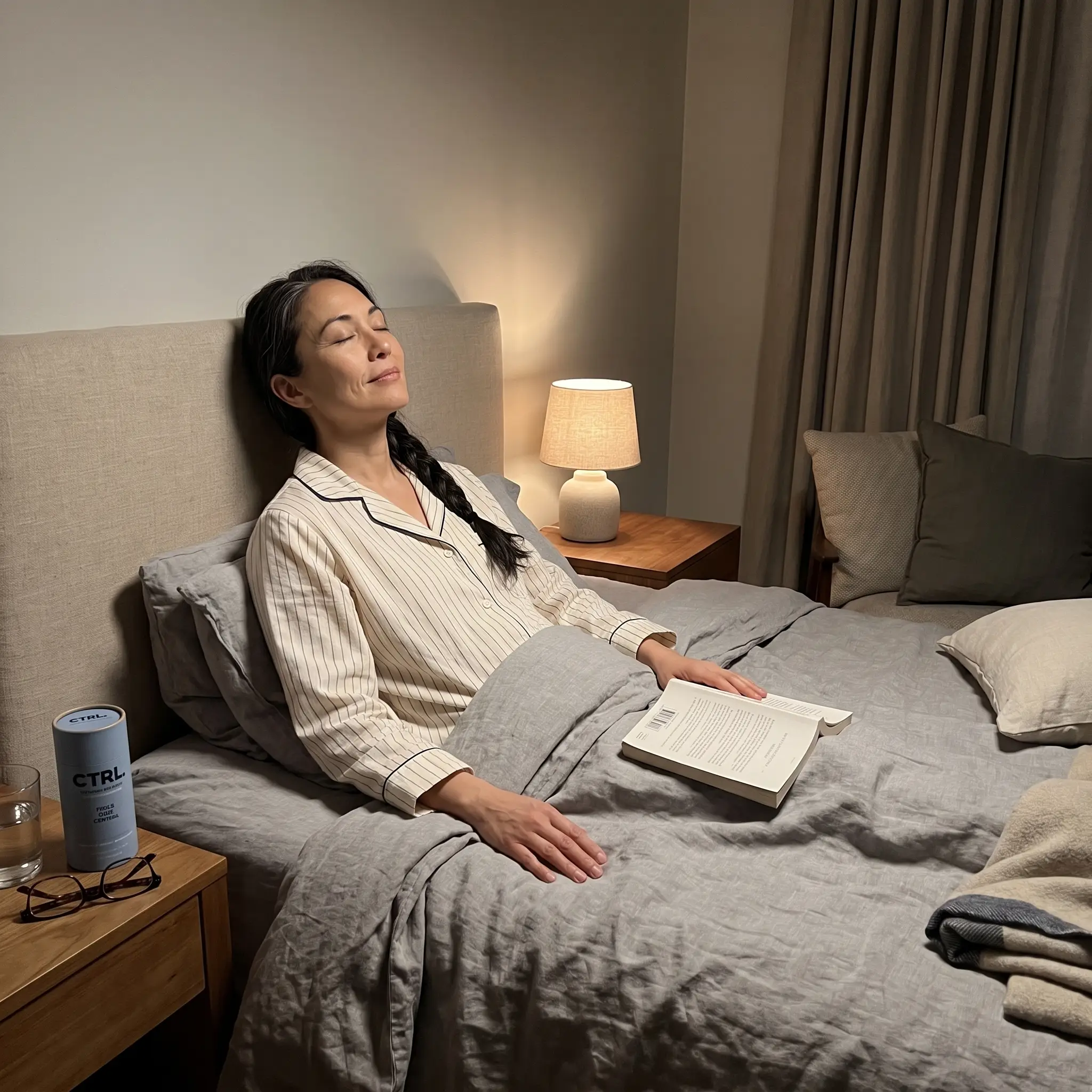 Woman resting calmly in bed at night