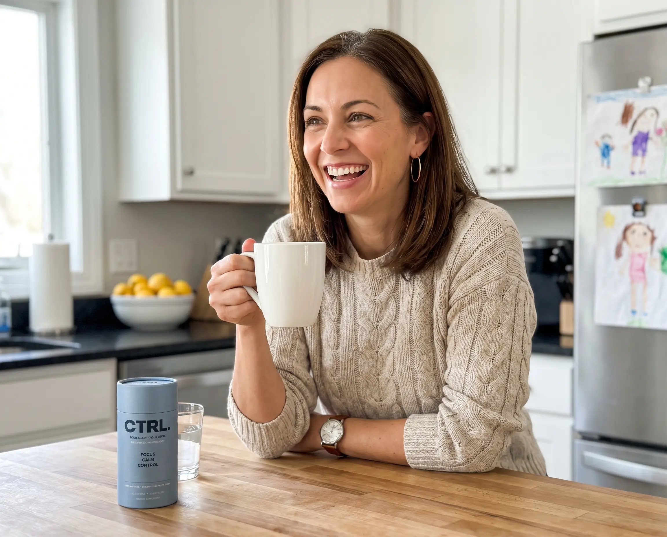 Woman laughing in her kitchen in the morning with CTRL on the counter