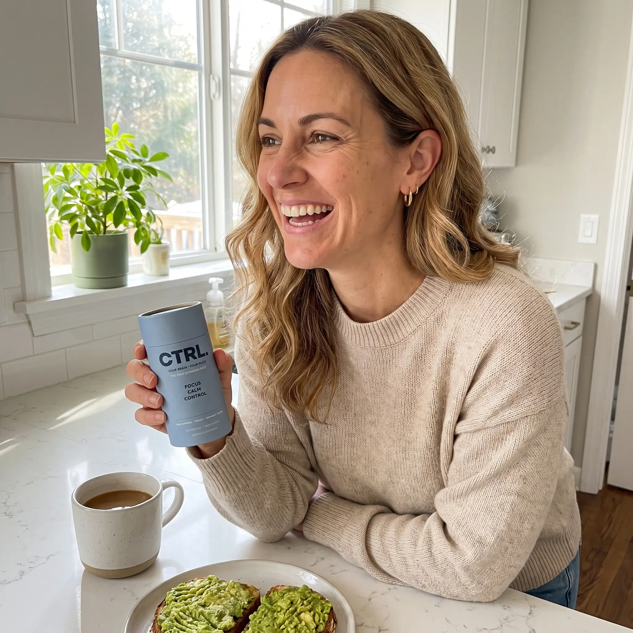 Woman holding CTRL in her kitchen