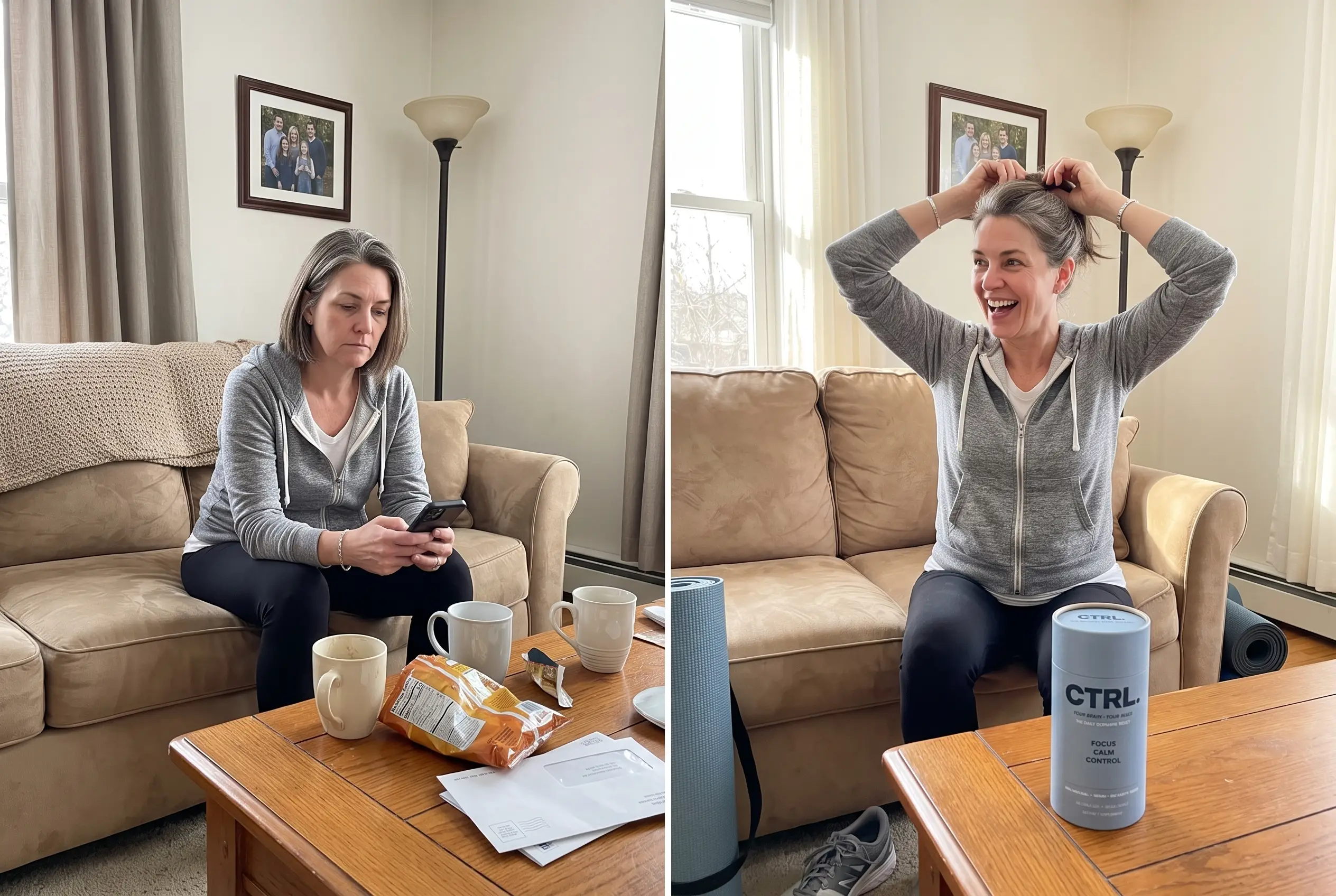 The same woman before, tired on the sofa with her phone, and after four weeks, laughing and ready to move