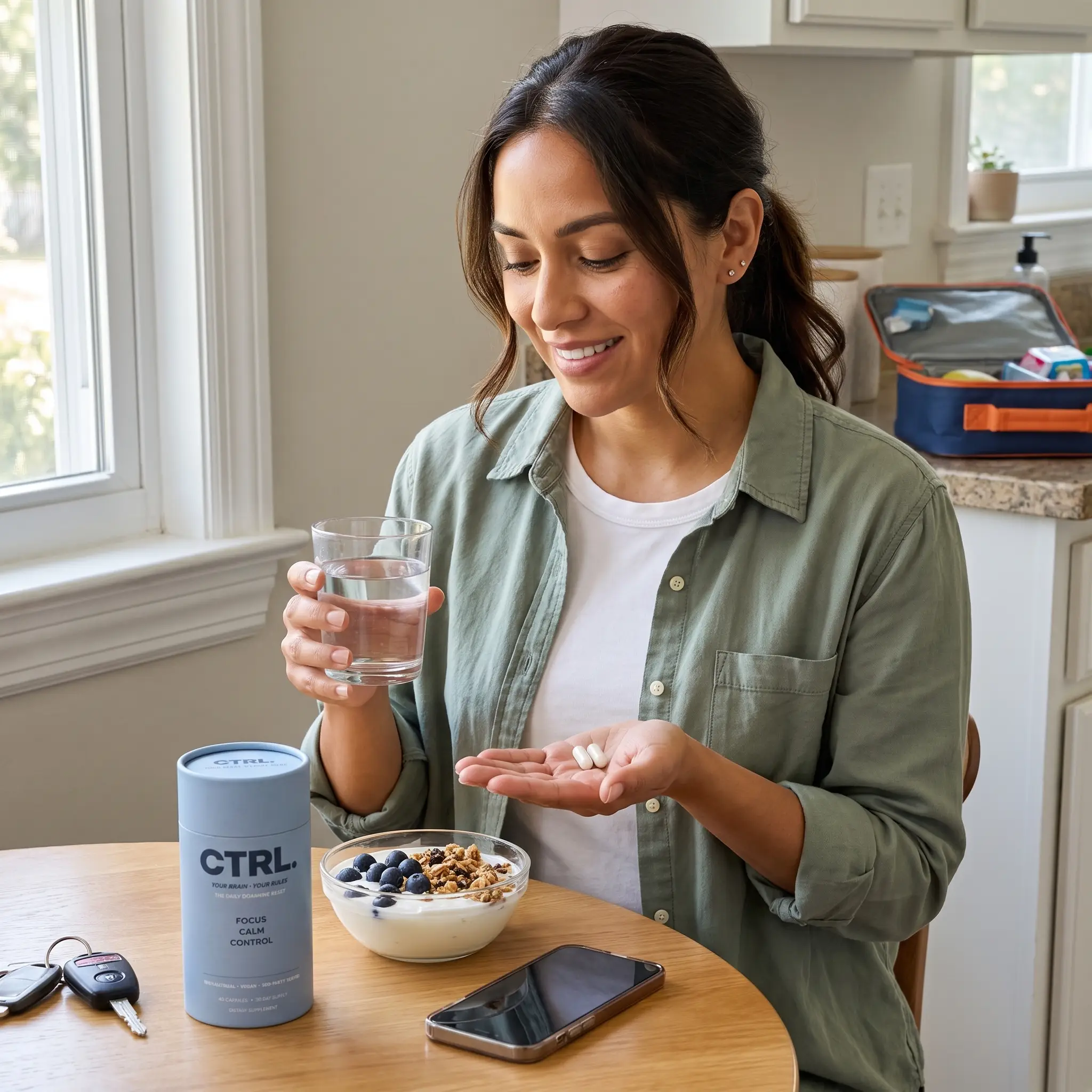 Woman taking two CTRL capsules at breakfast