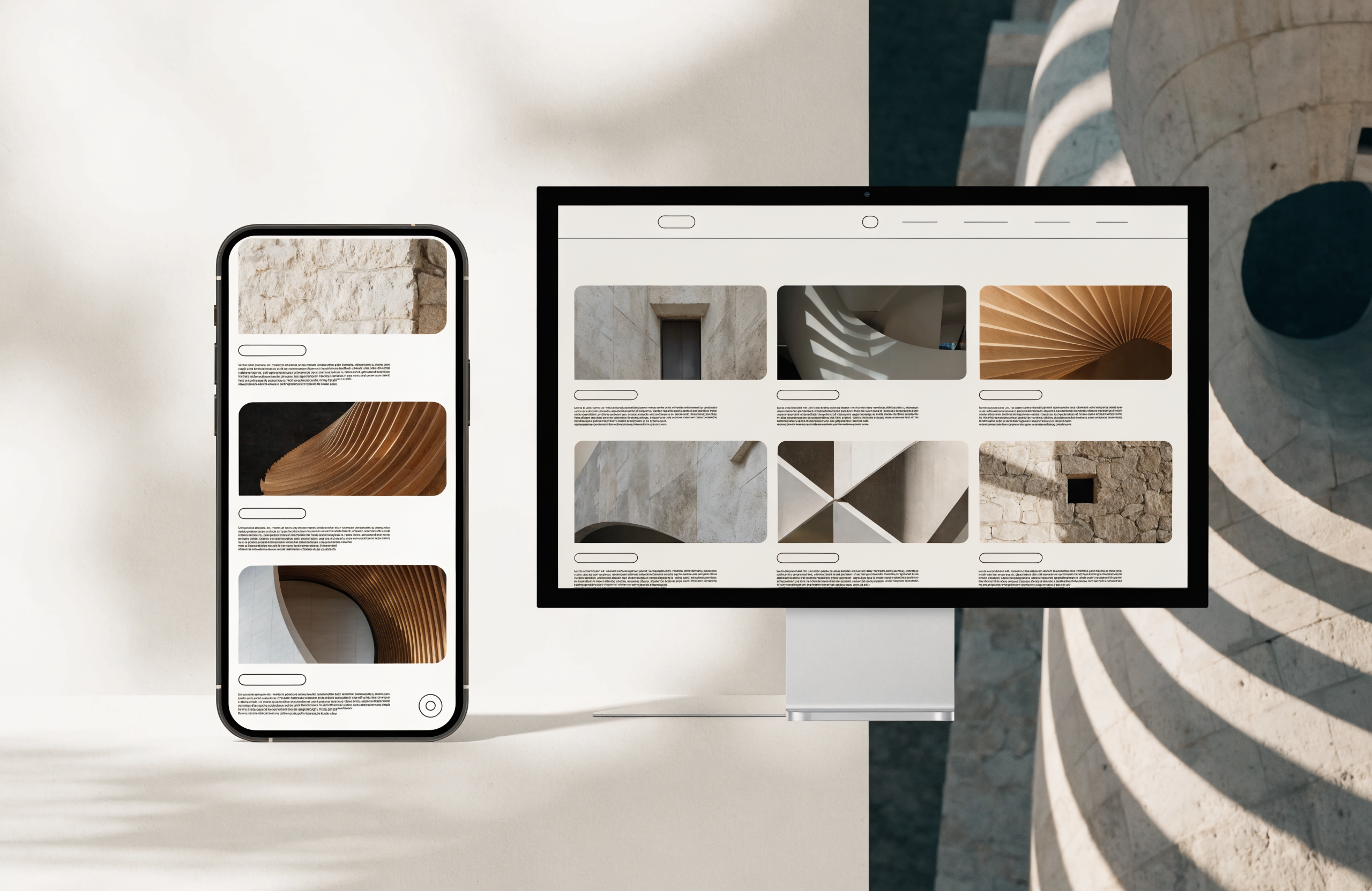 Architecture portfolio website shown across desktop and mobile