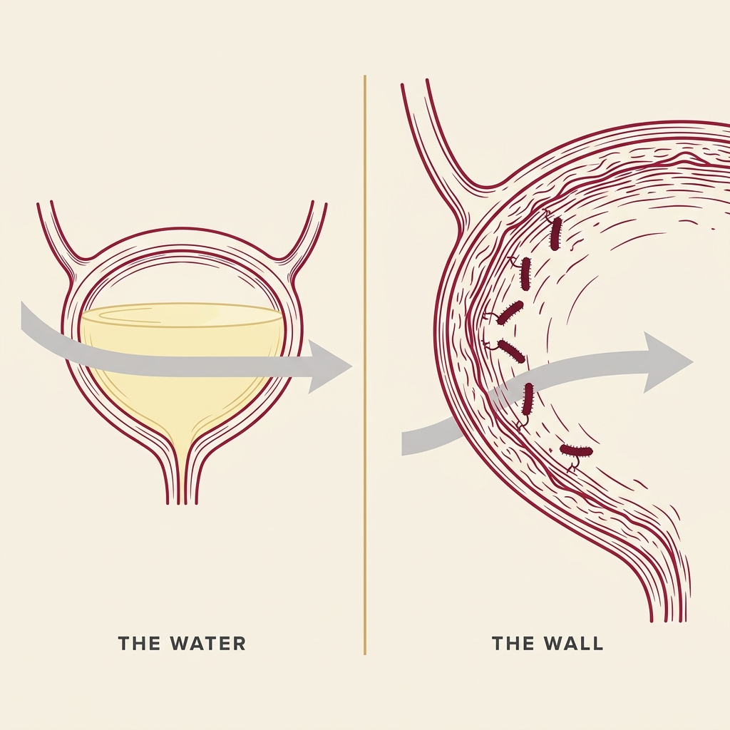 Antibiotics clear the water in the centre of the bladder while bacteria stay hooked into the wall