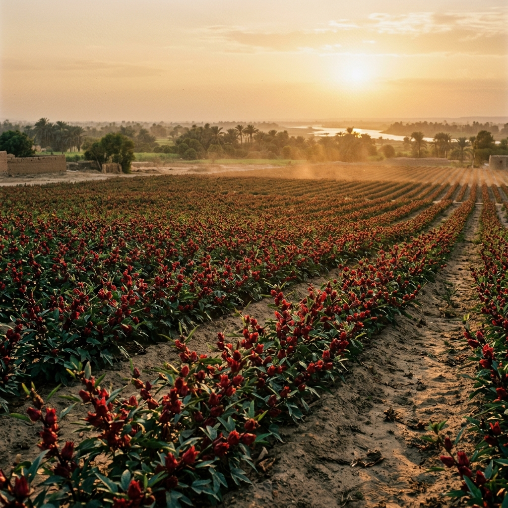 Hibiscus roselle field beside the Nile at golden hour